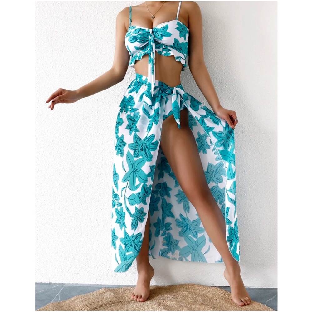 Boho Tropical Floral Print High Waist Bikini Cover up set